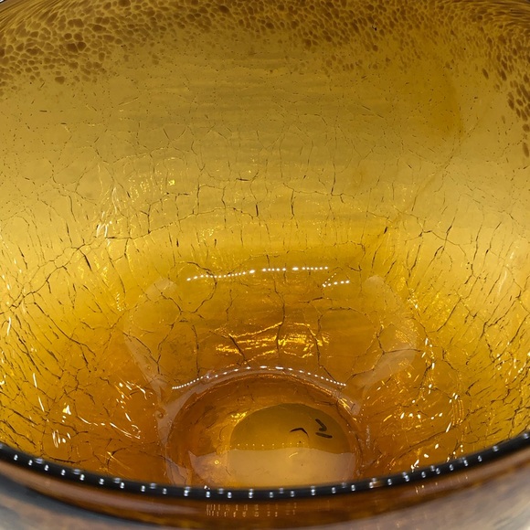Hand Blown Large Crackle Glass Amber Bowl 9” X 6” - Picture 7 of 11